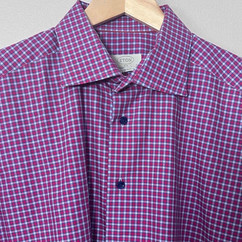 Eton Dress Shirt Mens 17.5 Slim Fit Purple‎ Gingham Check Cotton Long Sleeve